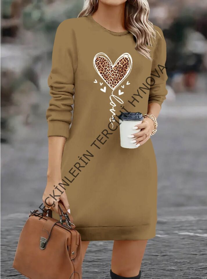 Kadın Uzun Kollu Bisiklet Yaka Kalp Desenli Kısa Viskon Elbise