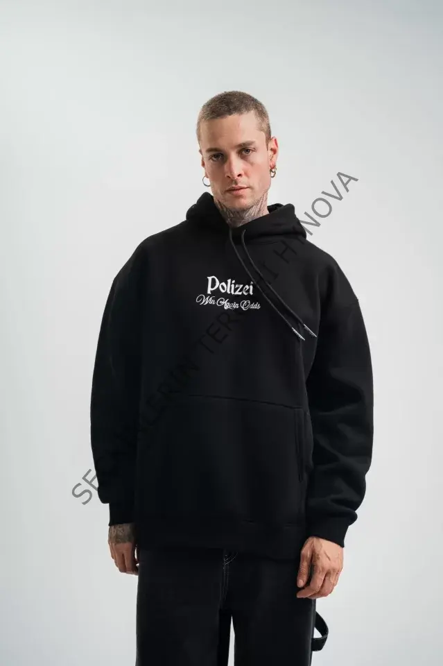 POLIZEI Premium Kalite Kapşonlu Dijital Patchli SweatShirt - Siyah