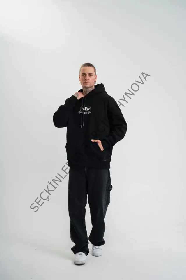 POLIZEI Premium Kalite Kapşonlu Dijital Patchli SweatShirt - Siyah