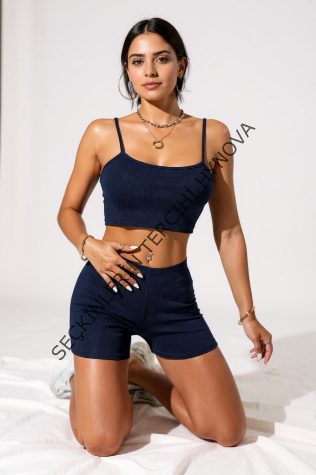 Kadın Lacivert Şortlu Kaşkorse Gecelik Takım – Modern, Konforlu ve Günlük Kombinlere Uygun