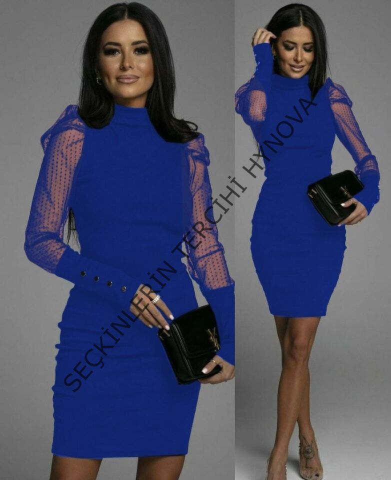 Kadın Uzun Kollu Balıkçı Yaka Kollar Tül Detay Kısa Janjan Elbise