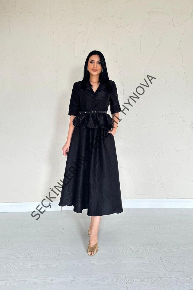 Siyah İnce Kemerli Fırfırlı Ceket Ve Büzgülü Etek Takım