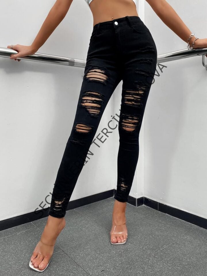 Kadın Yüksek Bel Slim Fit Lazer Kesim Yırtık Pantolon
