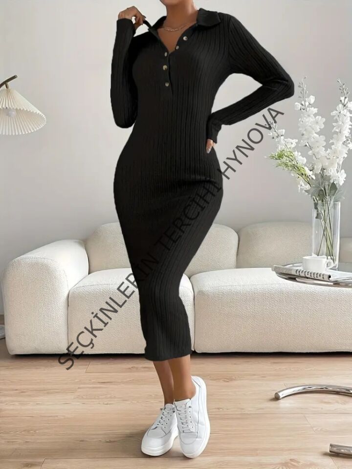 Kadın Uzun Kollu Yakalı Düğmeli şardonlu Kaşkorse Elbise