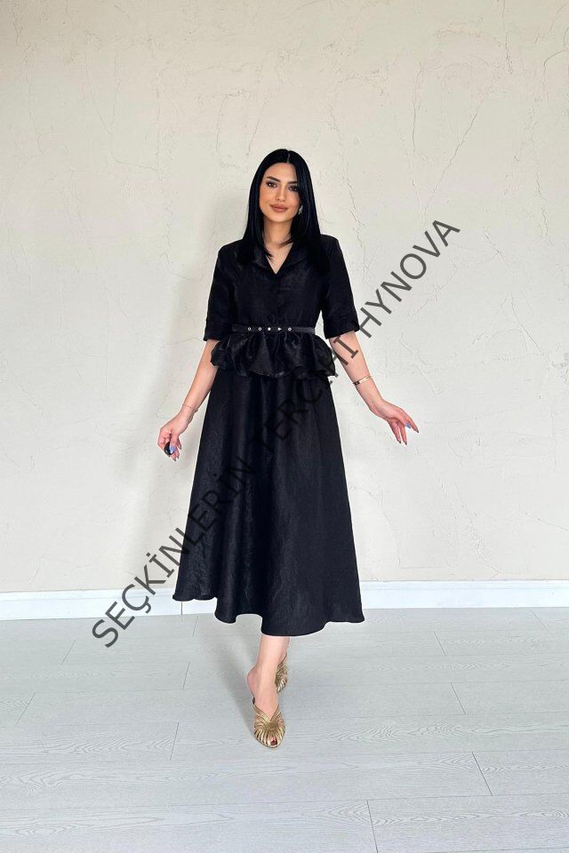 Siyah İnce Kemerli Fırfırlı Ceket Ve Büzgülü Etek Takım