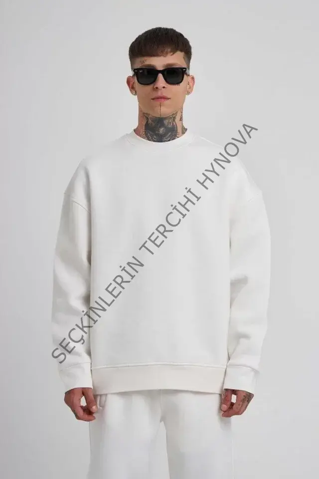 Unisex Biskilet Yaka Üç İplik SweatShirt - Beyaz