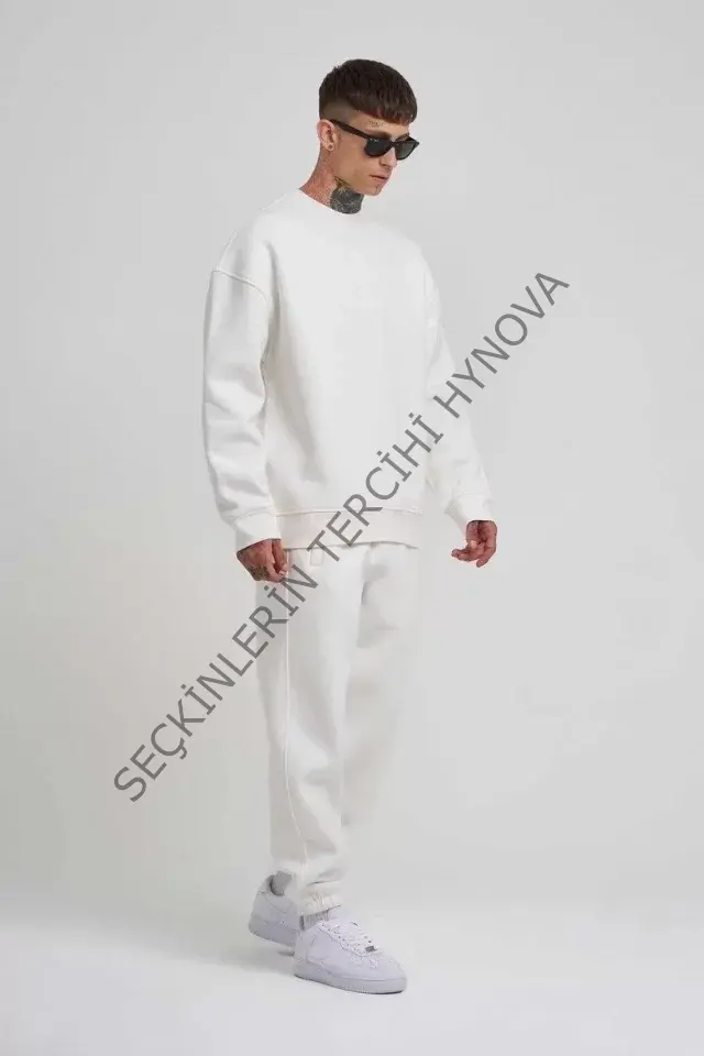 Unisex Biskilet Yaka Üç İplik SweatShirt - Beyaz