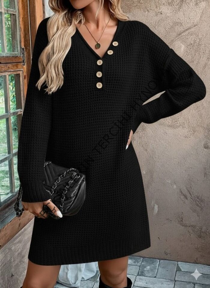 Kadın Uzun Kollu V Yakalı Düğmeli Mini Triko Elbise