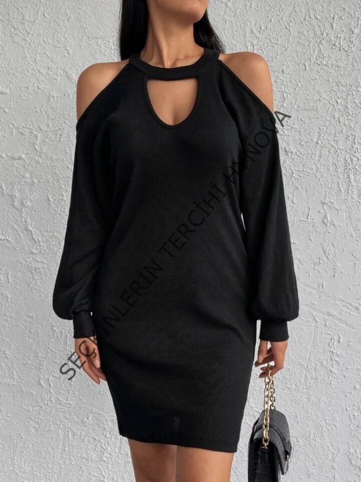 Kadın Uzun Kollu Omuzları Açık Boyundan şerit Detay Kaşkorse Elbise