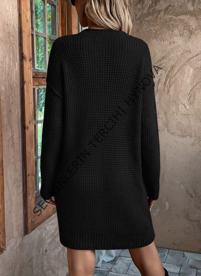 Kadın Uzun Kollu V Yakalı Düğmeli Mini Triko Elbise