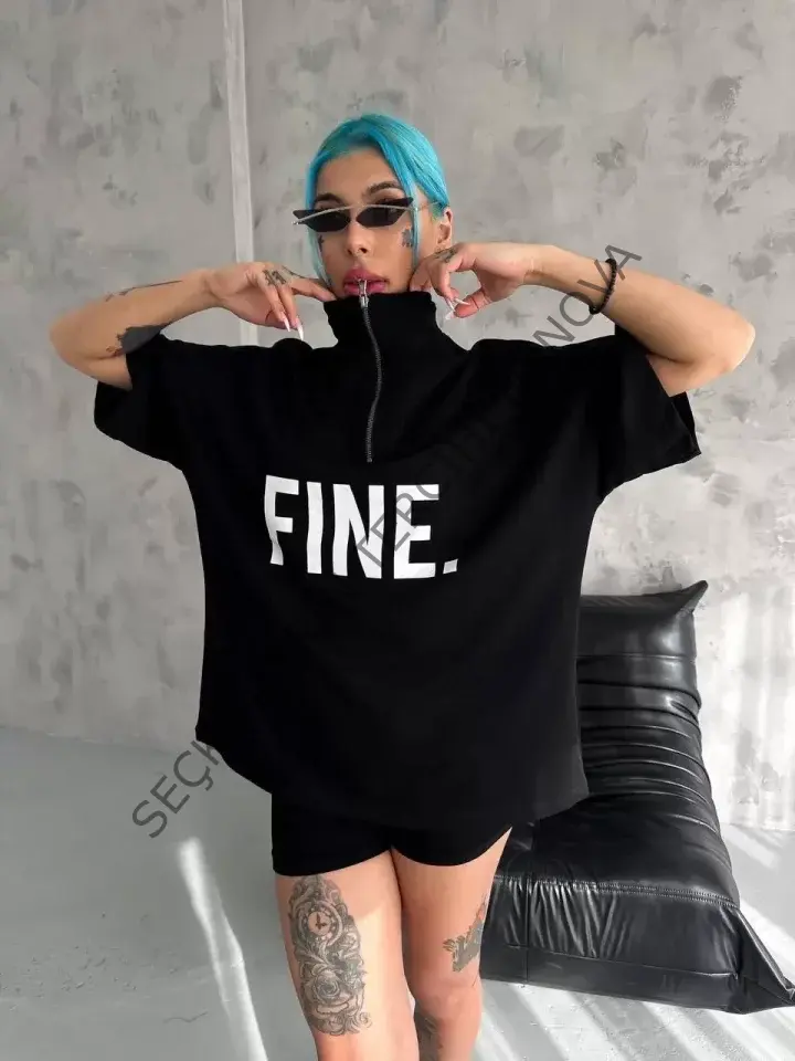 Unisex Baskılı Yarım Fermuarlı T-Shirt - Siyah