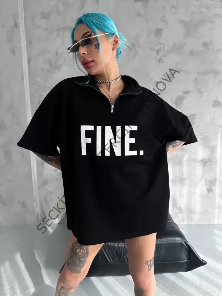 Unisex Baskılı Yarım Fermuarlı T-Shirt - Siyah