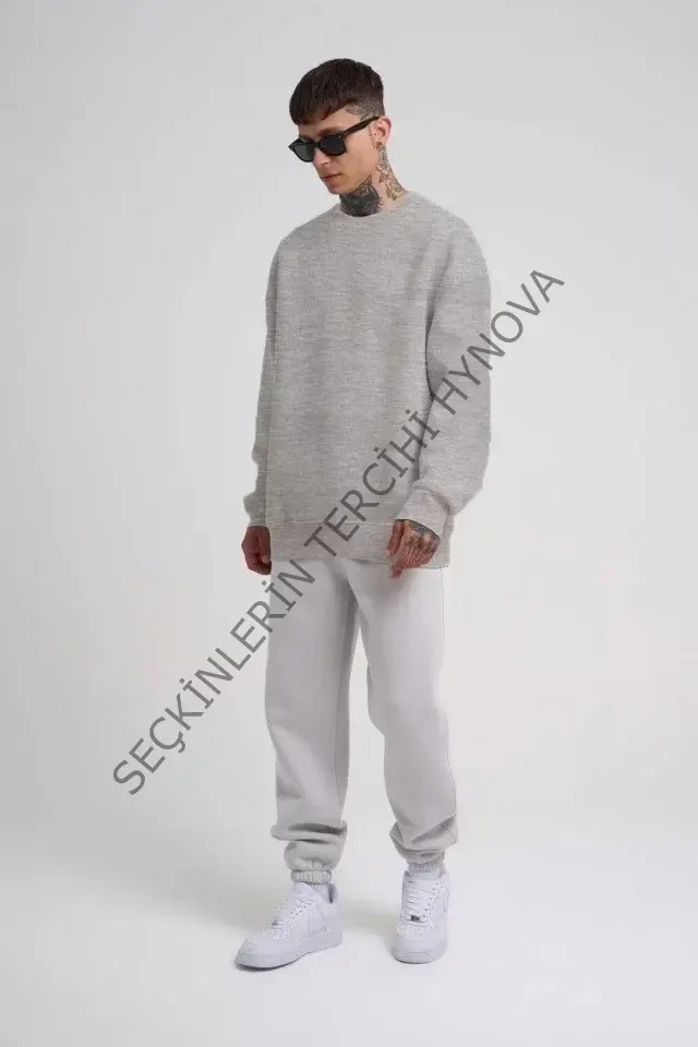 Unisex Biskilet Yaka Üç İplik SweatShirt - Gri