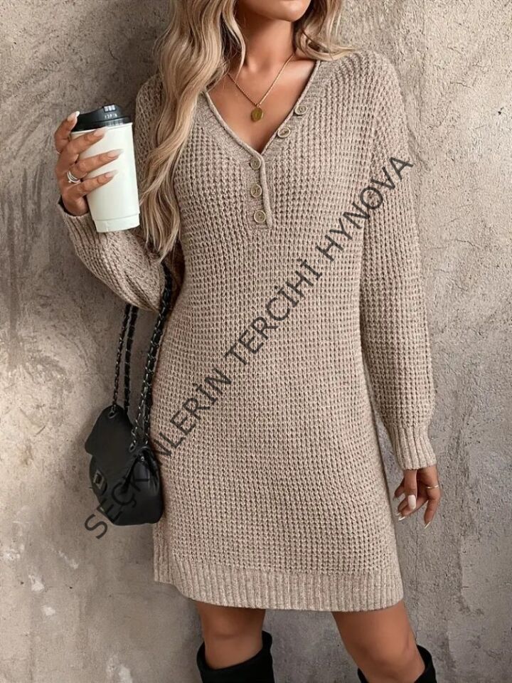 Kadın Uzun Kollu V Yakalı Düğmeli Mini Triko Taş Renkli Elbise