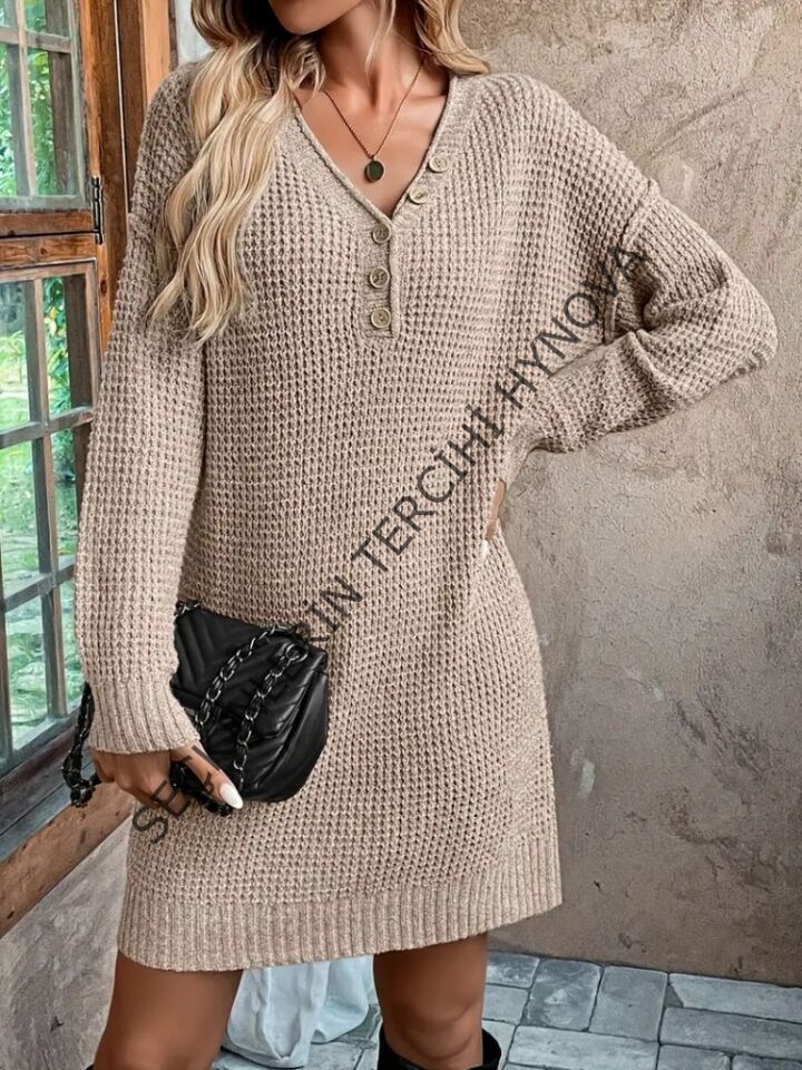 Kadın Uzun Kollu V Yakalı Düğmeli Mini Triko Taş Renkli Elbise