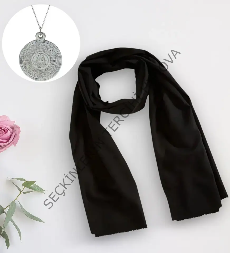 BK Gift Kadınlara Özel Siyah Şal ve Kabartmalı Silver Ayetel Kürsi Kolye