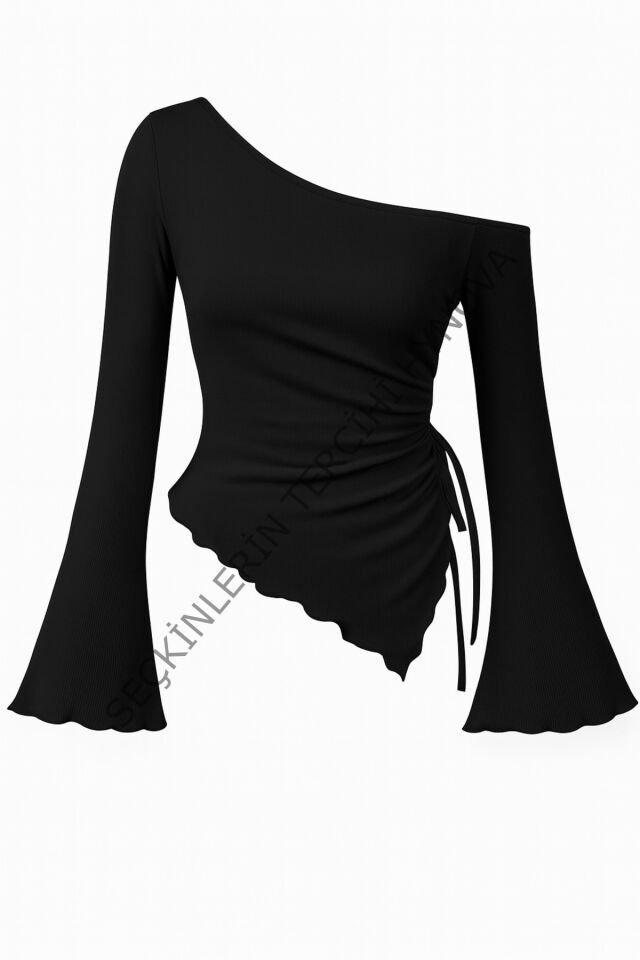 Kadın Siyah Uzun İspanyol Kollu Asimetirik Yaka Yandan Bağlamalı Drapeli Bluz