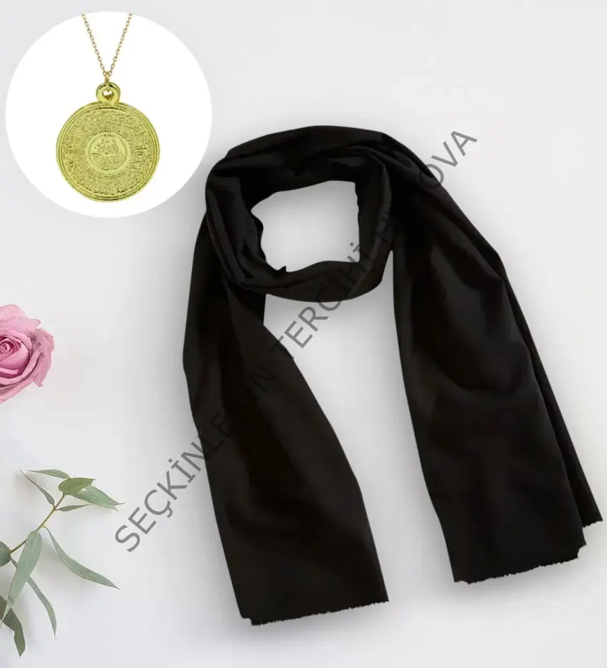 BK Gift Kadınlara Özel Siyah Şal ve Kabartmalı Gold Ayetel Kürsi Kolye